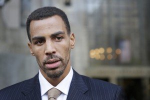 Thabo Sefolosha talks to reporters outside criminal court in New York, Friday, Oct. 9, 2015. The Atlanta Hawks' player was acquitted Friday in a case stemming from a police fracas outside a trendy New York City nightclub. (AP Photo/Seth Wenig)