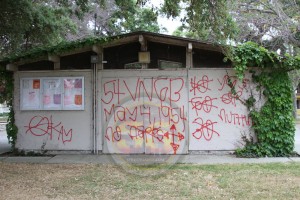 Van Ness Gangster Blood graffiti at Chesterfield Park on 54th Street, May 2013